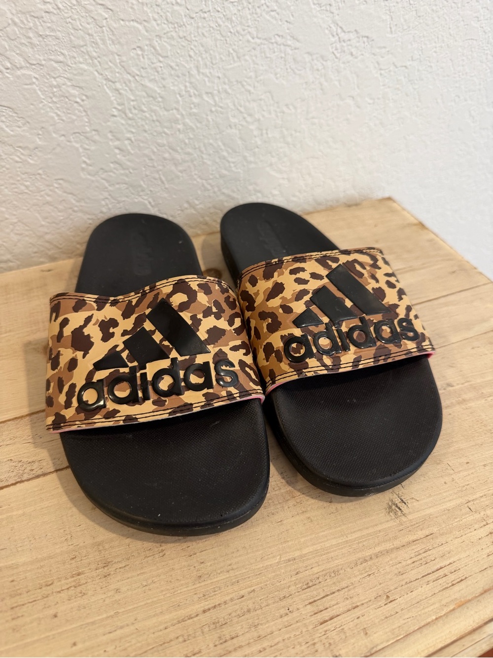 adidas Leopard Print Slide Sandals - Black & Brown